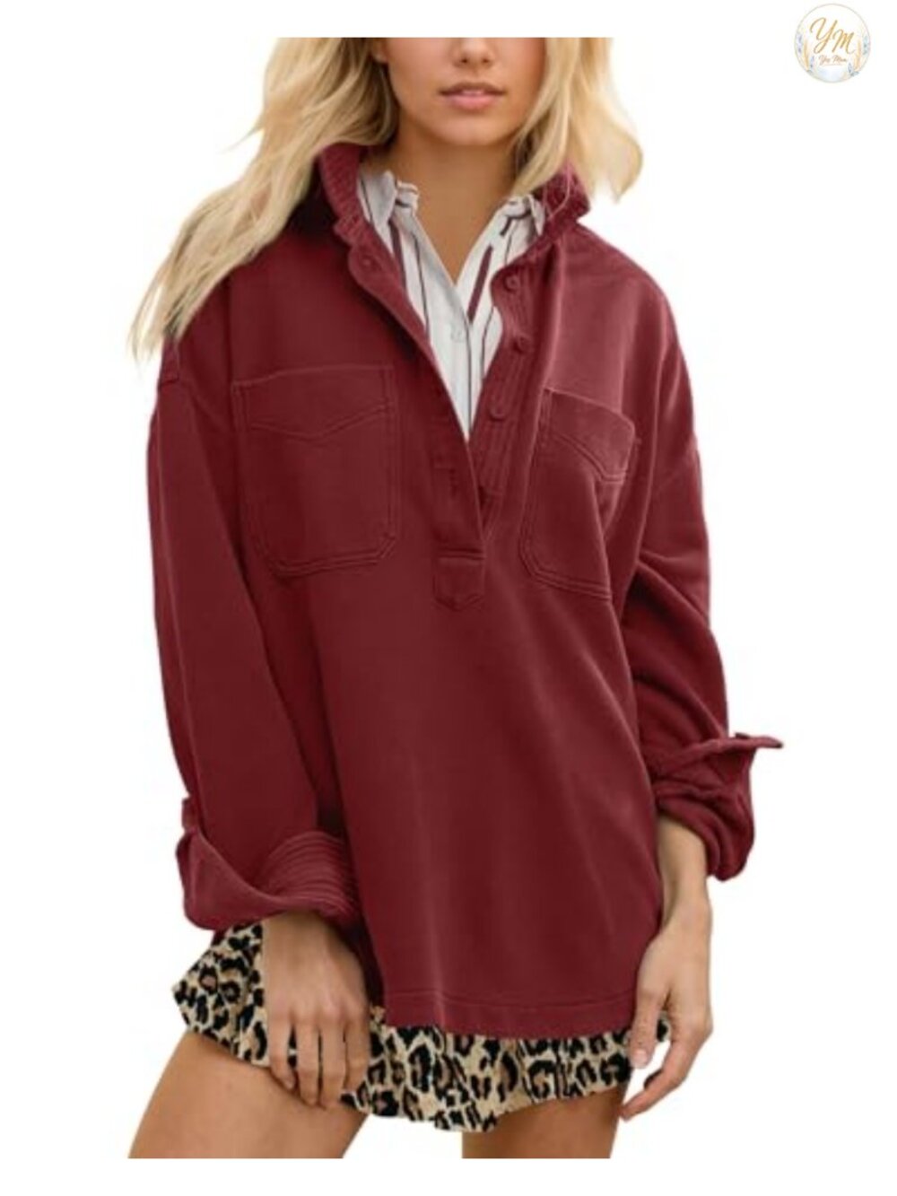 Oversized Polo Neck Sweatshirt Pullover Top Cotton Long Sleeve
